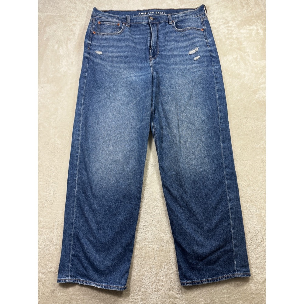 American Eagle Womens Baggy Straight Super High Rise Blue Jeans 16 Meas: 38x30